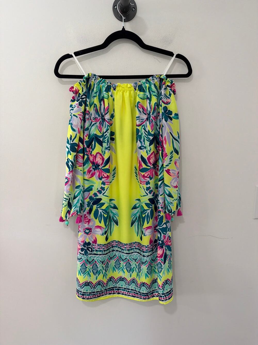 Lilly Pulitzer Dress Off The Shoulder Long Sleeve Neon Green Blue Size S